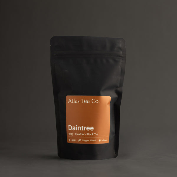 Black tea package with 'Atlas Tea Co.' label on a dark background