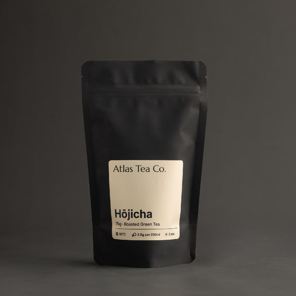 Hojicha tea packaging with 'Atlas Tea Co.' label on a dark background